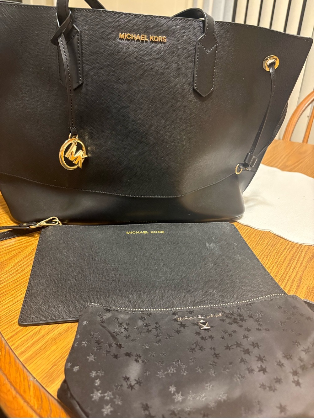 Michael Kors Black Saffiano Leather Tote with Gold Hardware and Pouch Set